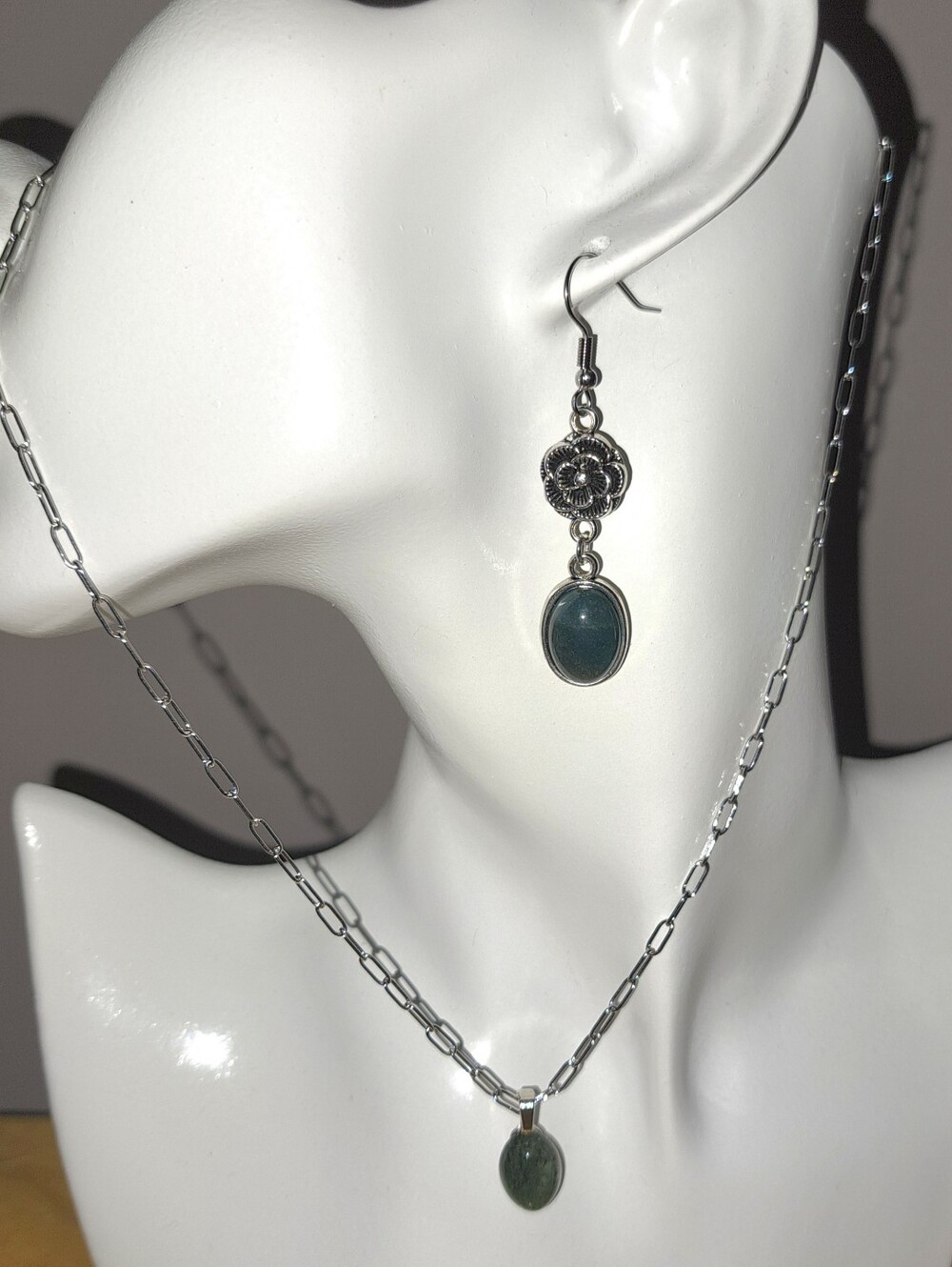 Moss Agate Necklace & Earrings, Stainless Steel Paperclip Chain & Ear Hooks